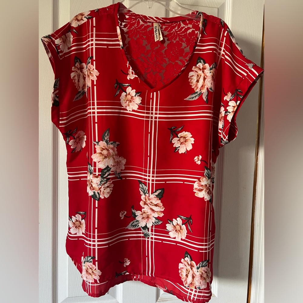 Floral Red Blouse with Lace Detail